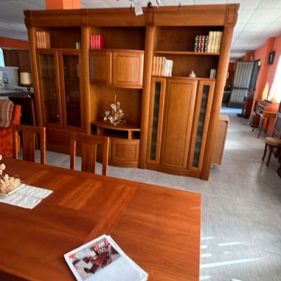 Mueble de salón para libros y televisor en madera maciza de color cobrizo